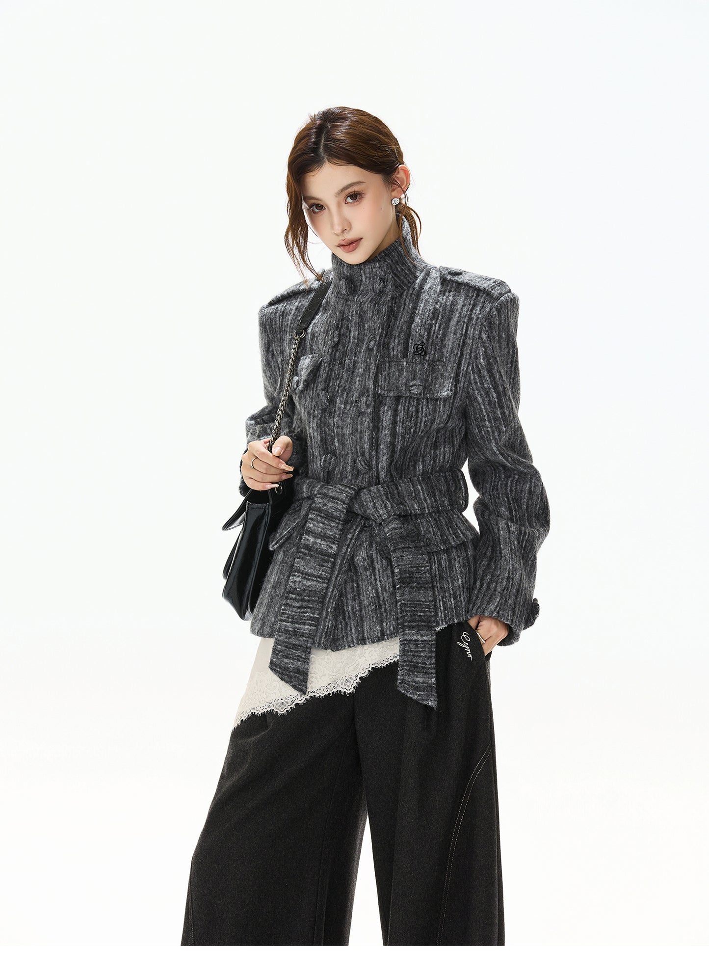 STRIPED TWEED WAISTED WOOL COAT