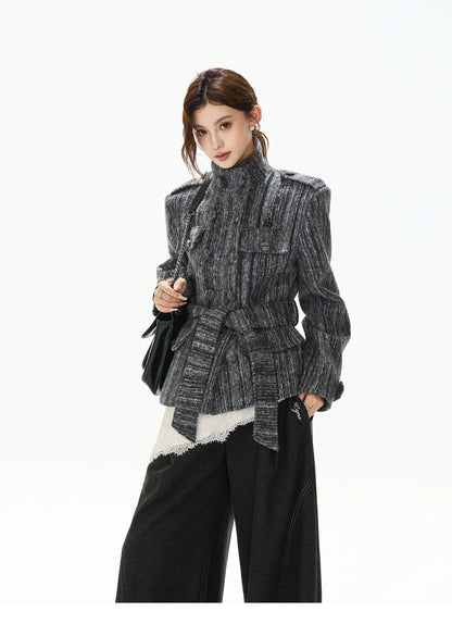 STRIPED TWEED WAISTED WOOL COAT