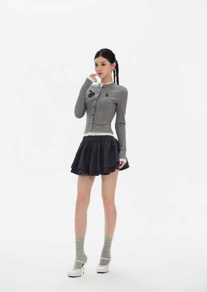 CELEBRITY LACE STITCHING KNIT CARDIGAN & HIGH WAIST PUFFY MINI SKIRT