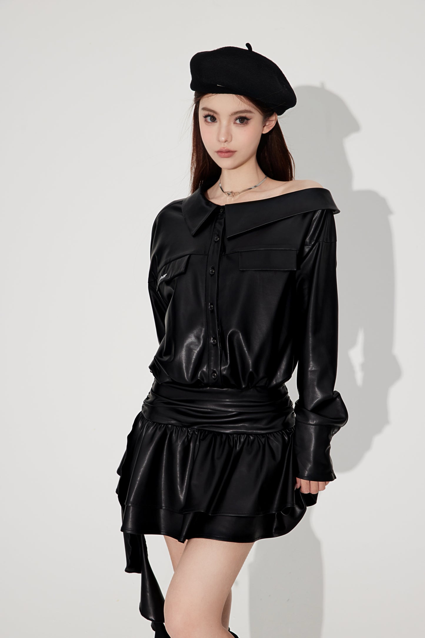 FAUX LEATHER SHIRT DRESS