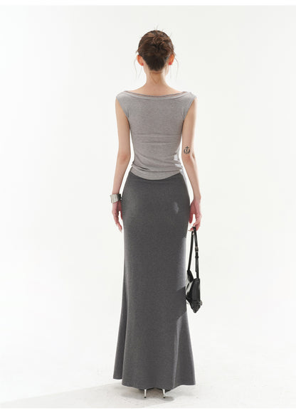 V-NECK SEXY RIBBED KNIT TANK TOP & LOW-RISE KNIT MERMAID BODYCON SKIRT