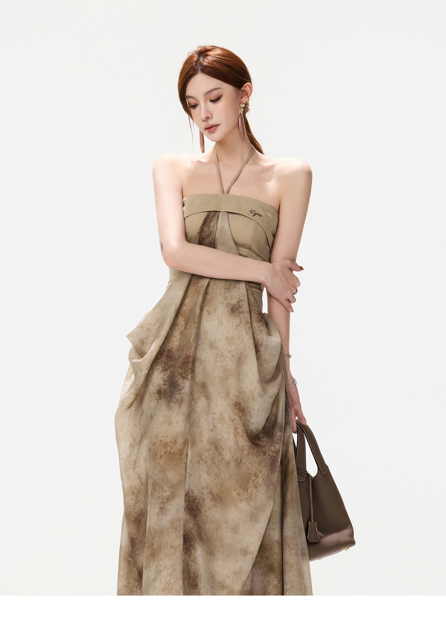 INK WASH HALTER CHIFFON DRESS