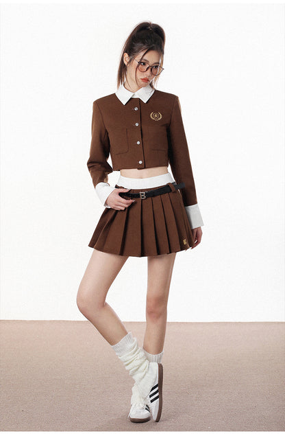 FAKE TWO PIECE SHIRT PLEATED SKIRT SUIT