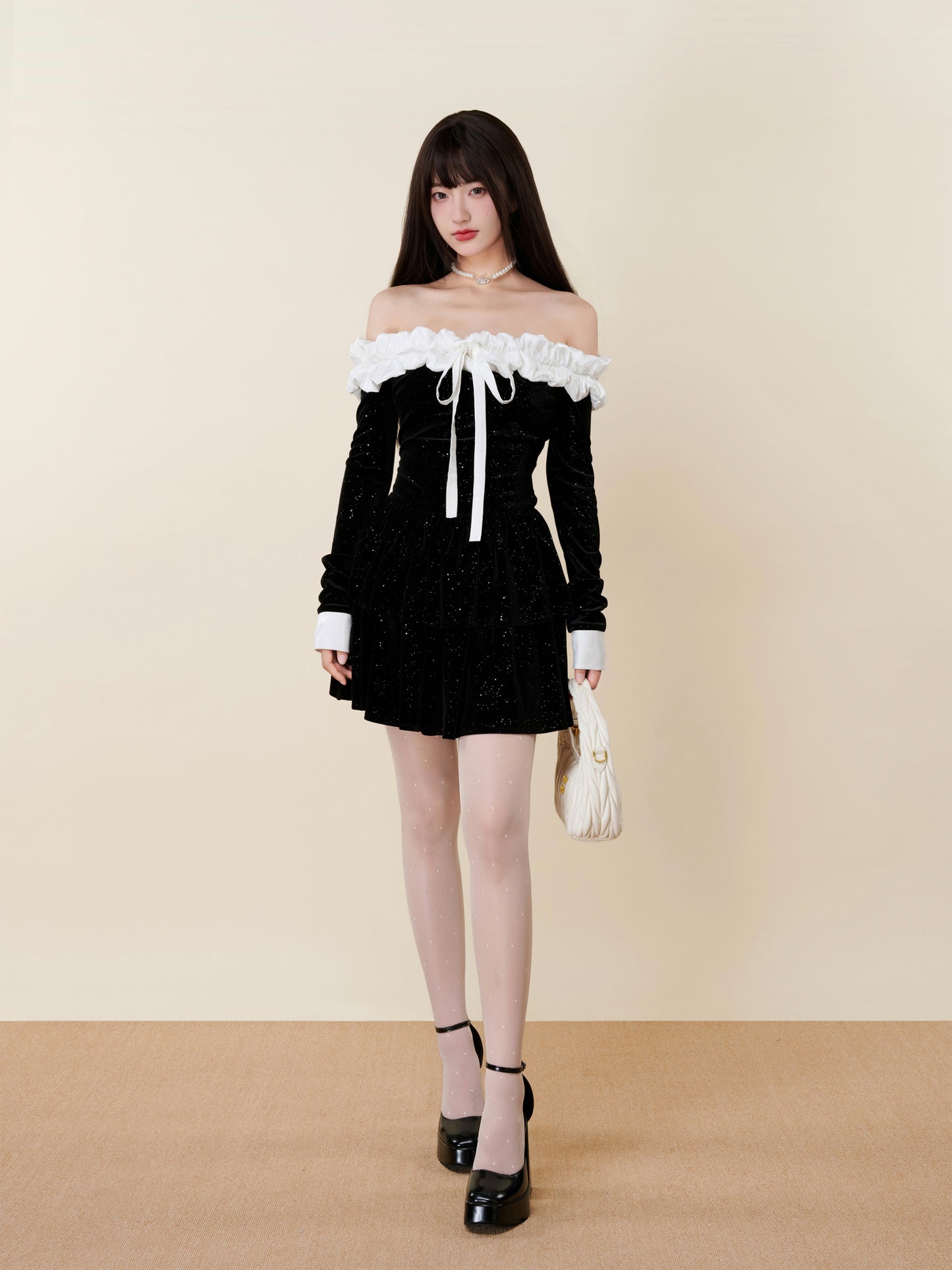 VELVET ONE-SHOULDER WAIST DRESS