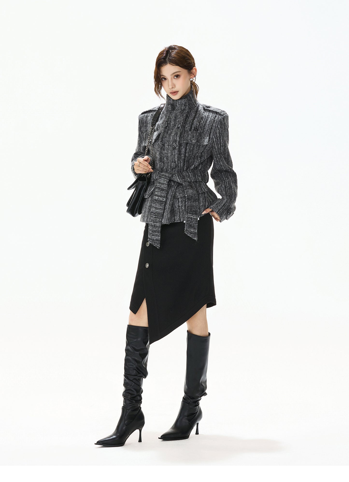 STRIPED TWEED WAISTED WOOL COAT