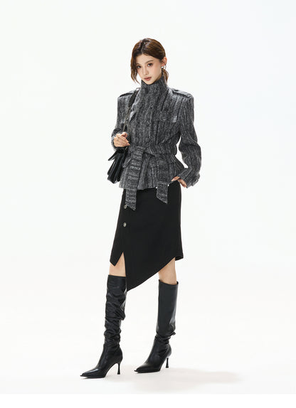 STRIPED TWEED WAISTED WOOL COAT