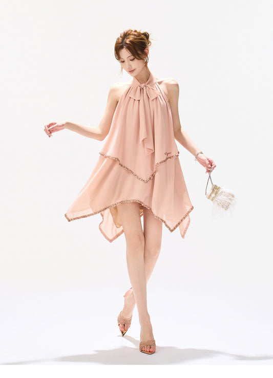 SEQUIN HALTER CASCADE DRESS
