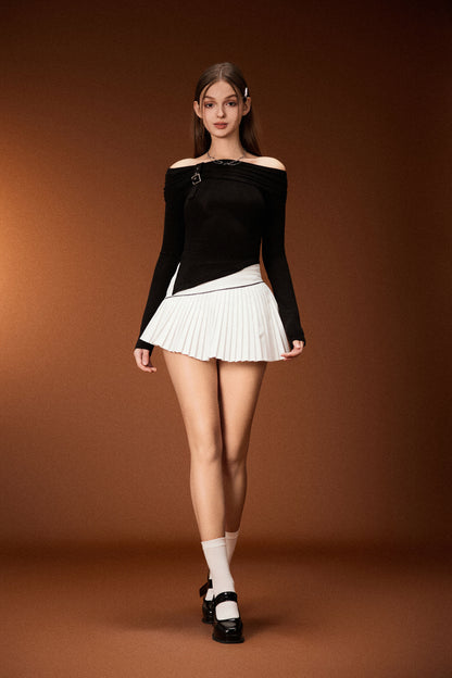 OFF SHOULDER L/S TEE & PLEATED MINI SKIRT