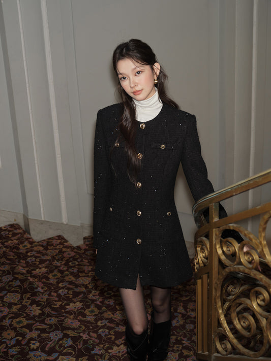 CELEBRITY STYLE BLACK SEQUINED FRENCH MID-LENGTH COAT