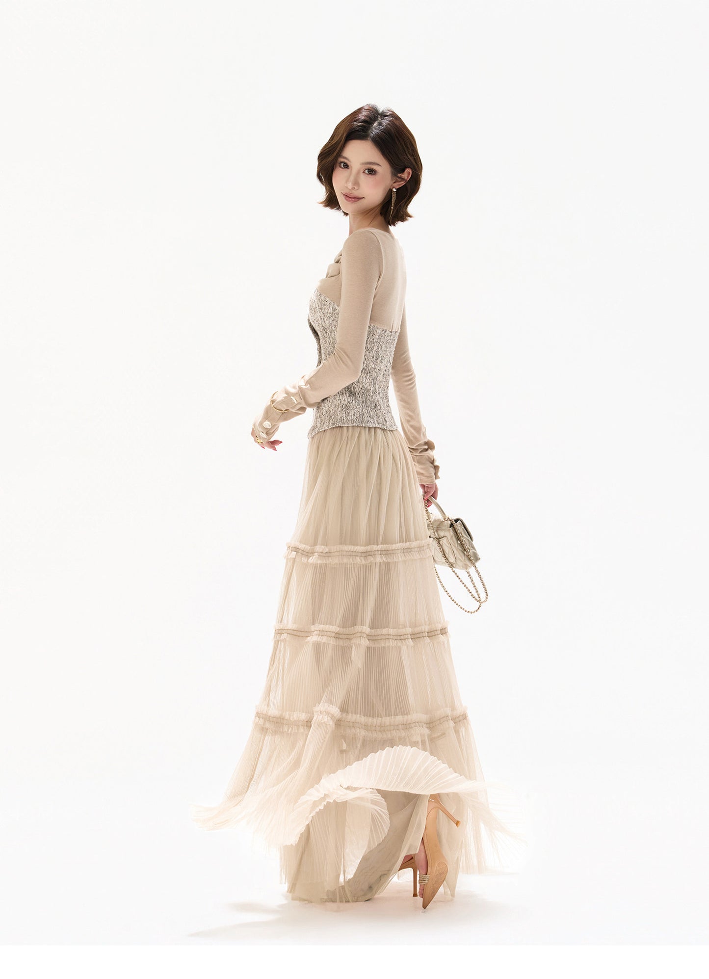 PLEATED TULLE LAYERED MAXI SKIRT