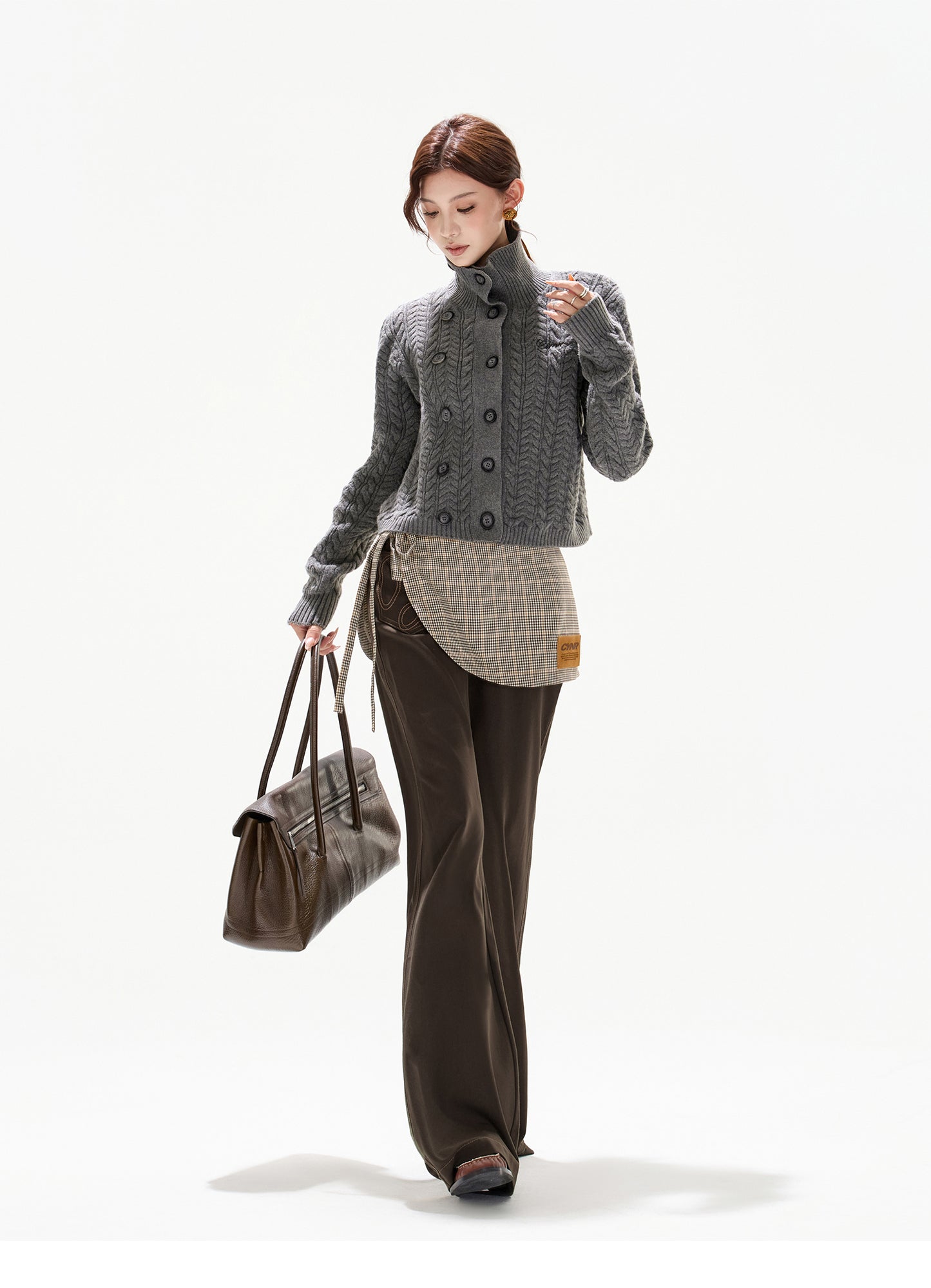 VINTAGE CABLE-KNIT HIGH-NECK WOOL CARDIGAN