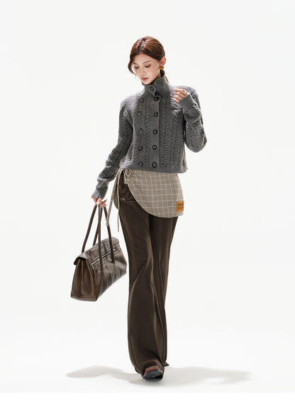 VINTAGE CABLE-KNIT HIGH-NECK WOOL CARDIGAN