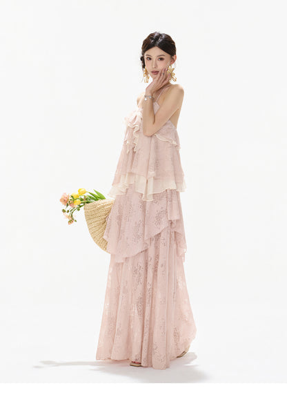 【日本在庫 】FRENCH LACE TIERED RUFFLE MAXI DRESS