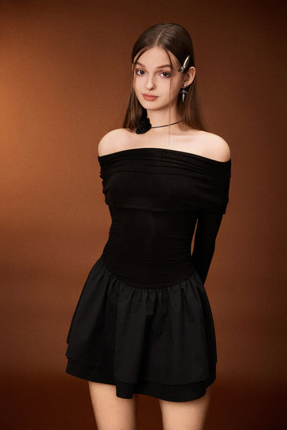 OFF SHOULDER KNITTED WAIST DRESS