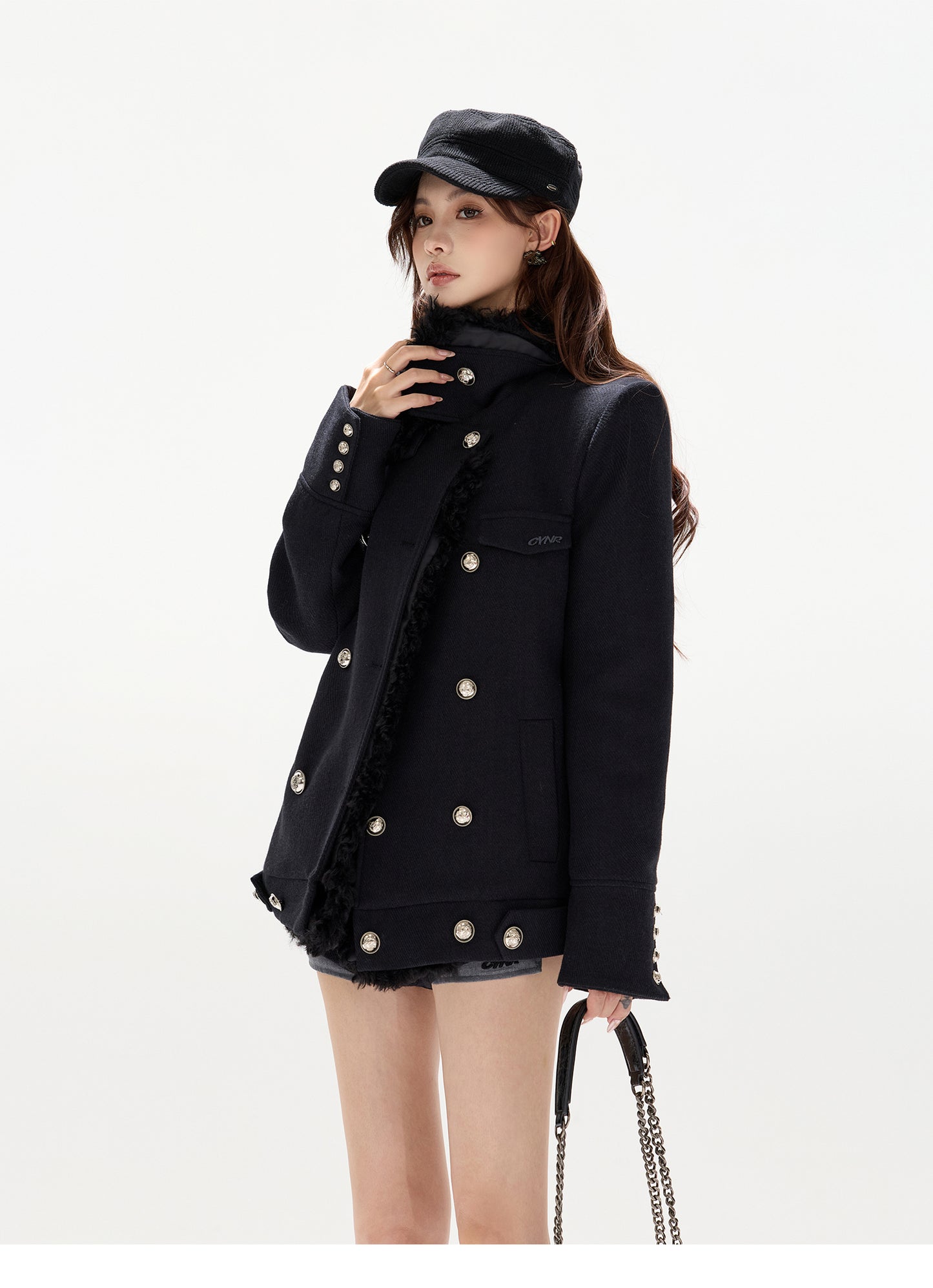 DOUBLE-BREASTED WOOL PADDED COAT WITH REMOVABLE FLEECE COLLAR