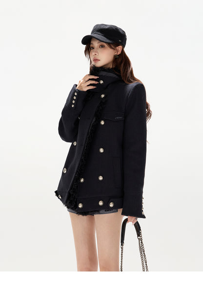 DOUBLE-BREASTED WOOL PADDED COAT WITH REMOVABLE FLEECE COLLAR