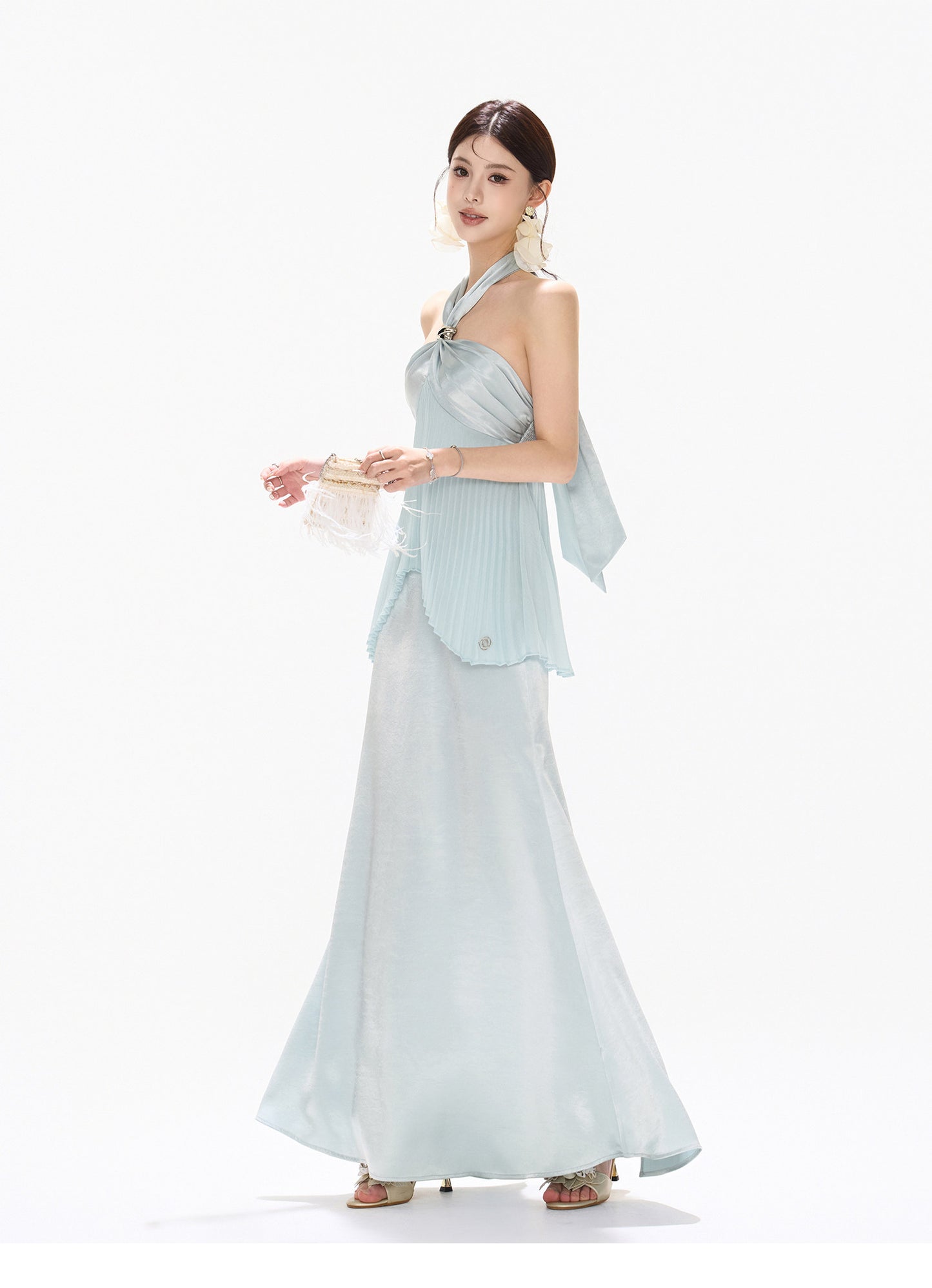 MIST BLUE PLEATED HALTER DRESS