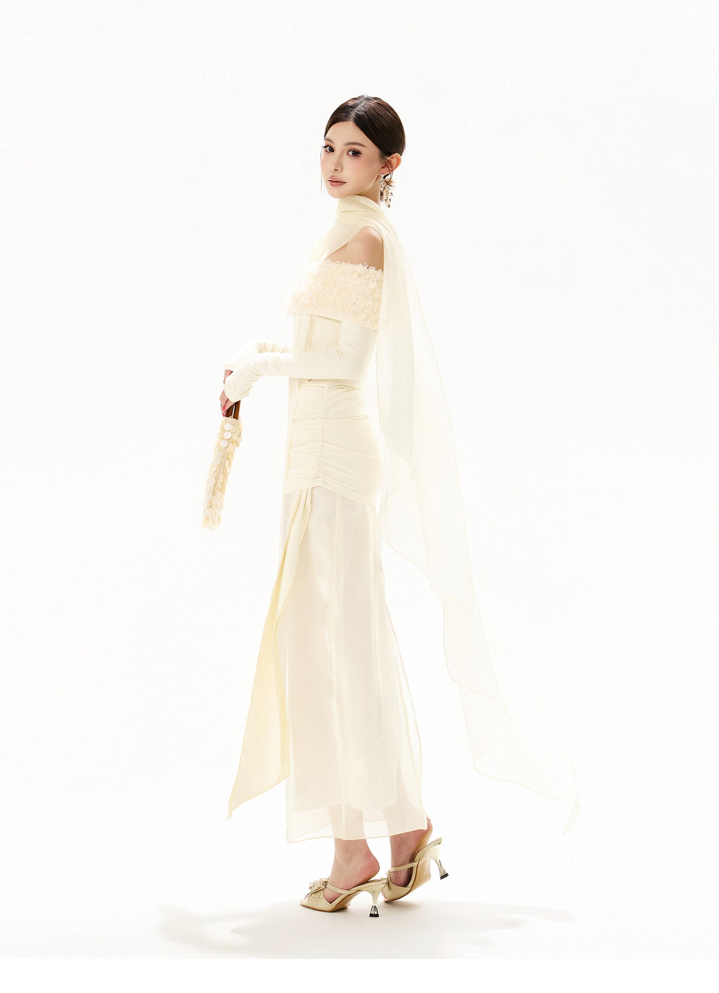 FEATHER SEQUIN OFF SHOULDER FRINGE DRESS