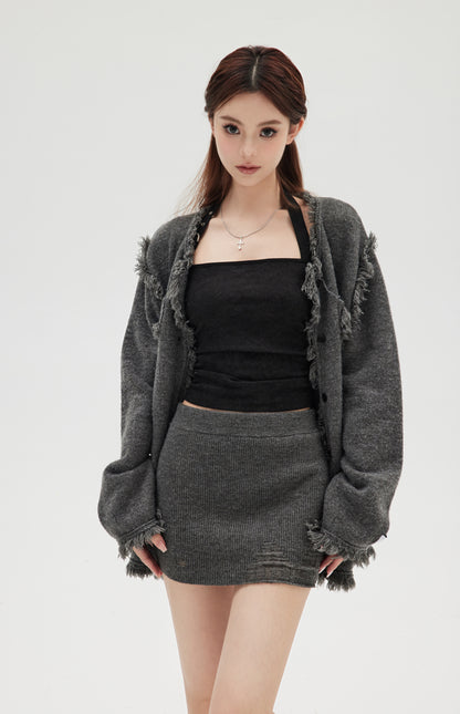 DESTRUCTIVE WOOL KNITTED CARDIGAN & SKIRT