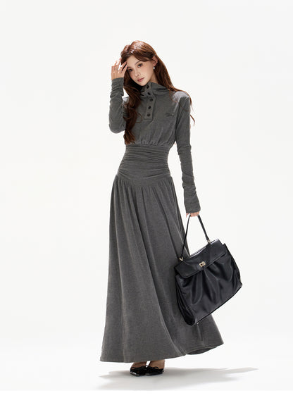 POLO COLLAR PLEATED WAIST A-LINE ONE-PIECE