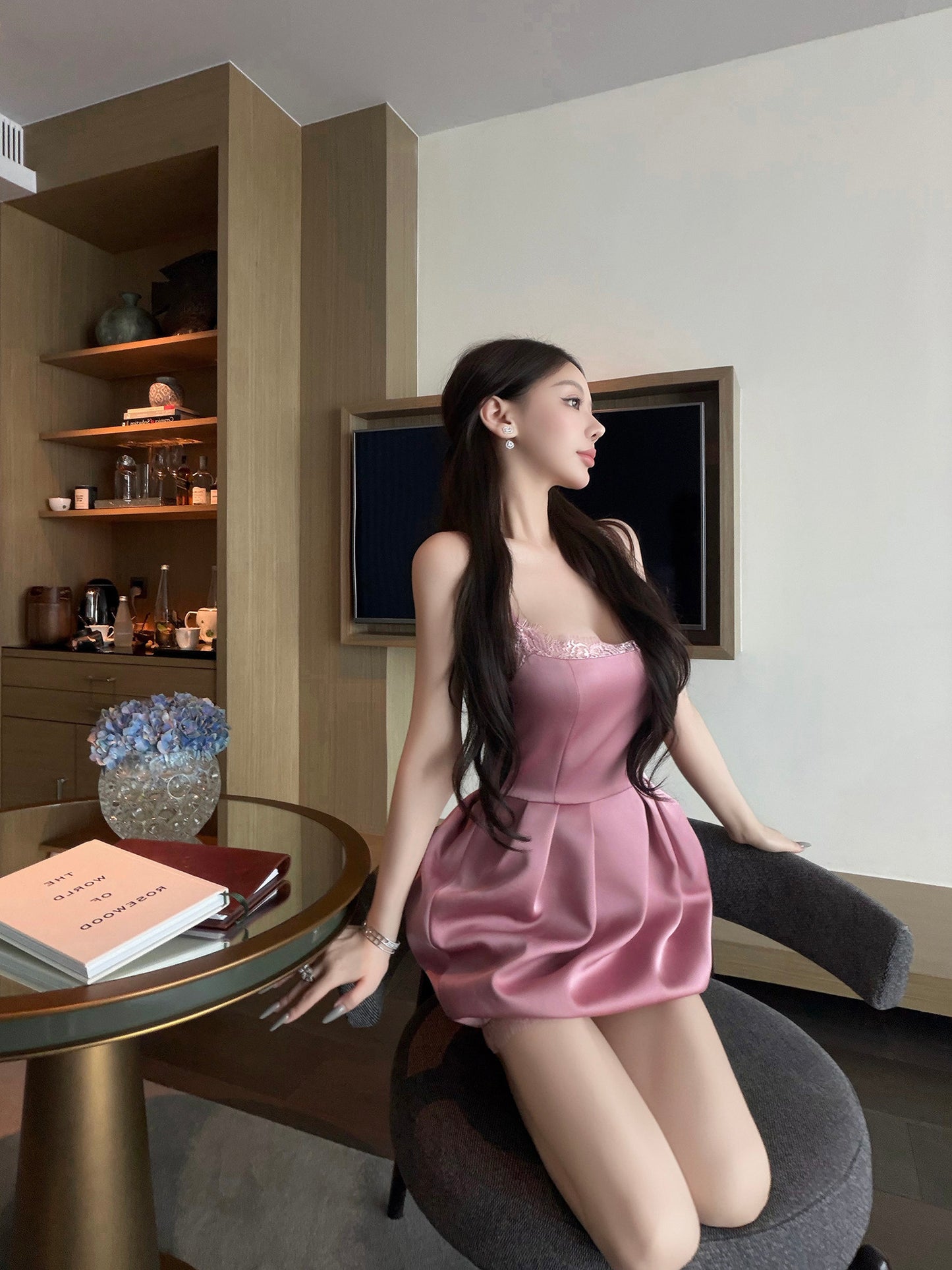 PINK SATIN LACE MINI DRESS