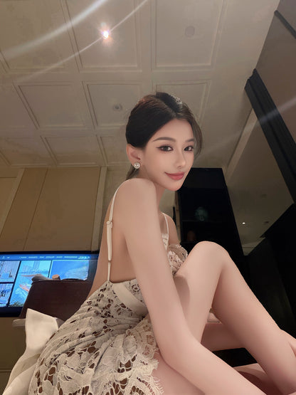 LACE BOW BACK MINI DRESS
