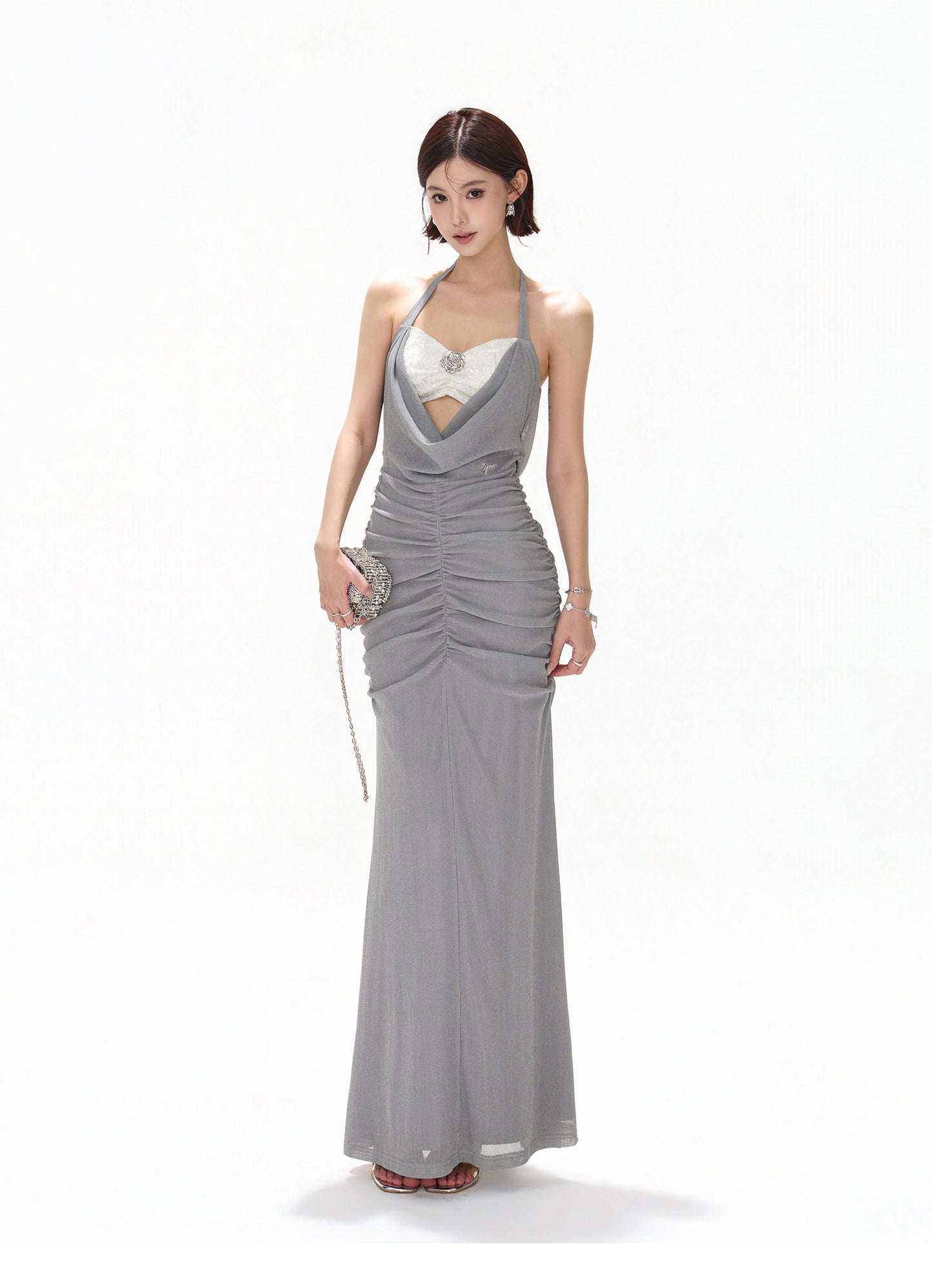 【日本在庫 】MISTY BLUE HALTER DRAPED TULLE DRESS