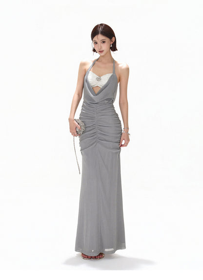 【日本在庫 】MISTY BLUE HALTER DRAPED TULLE DRESS