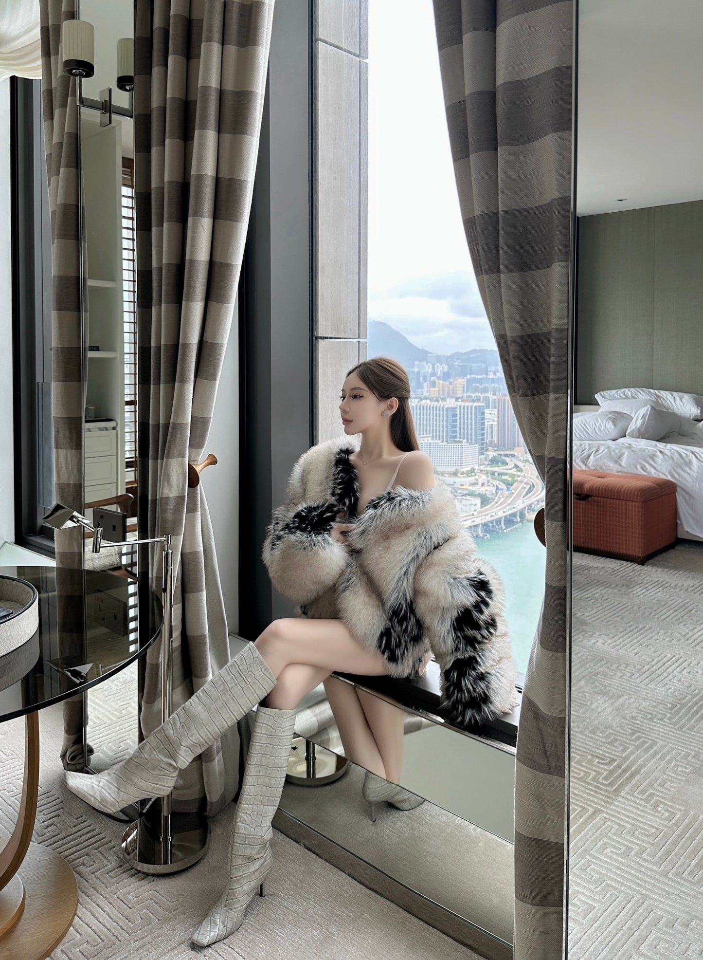 CRYSTAL BACKLESS EVENING DRESS & COLOR BLOCK ECO FUR JACKET