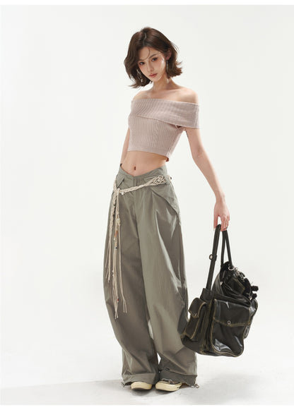 RETRO OFF-SHOULDER CABLE CROP TOP & LOW WAIST CARGO LOOSE PANTS
