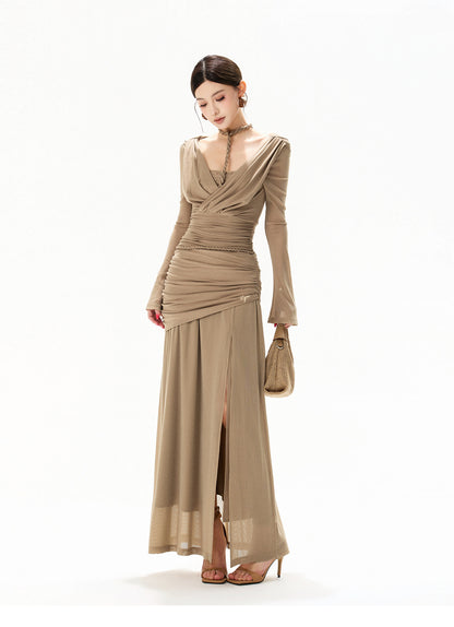 【日本在庫 】FRENCH HALTER KNIT TULLE MAXI DRESS