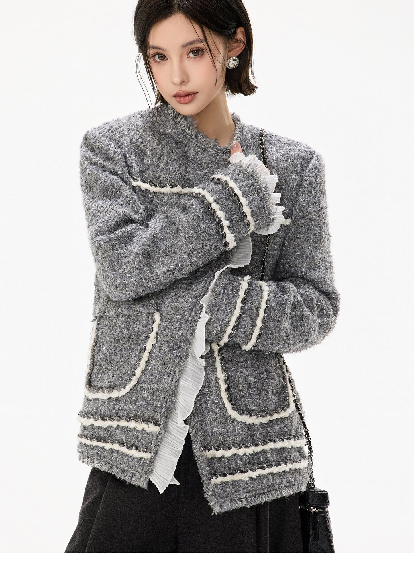 HANDWOVEN TWEED FRILL JACKET