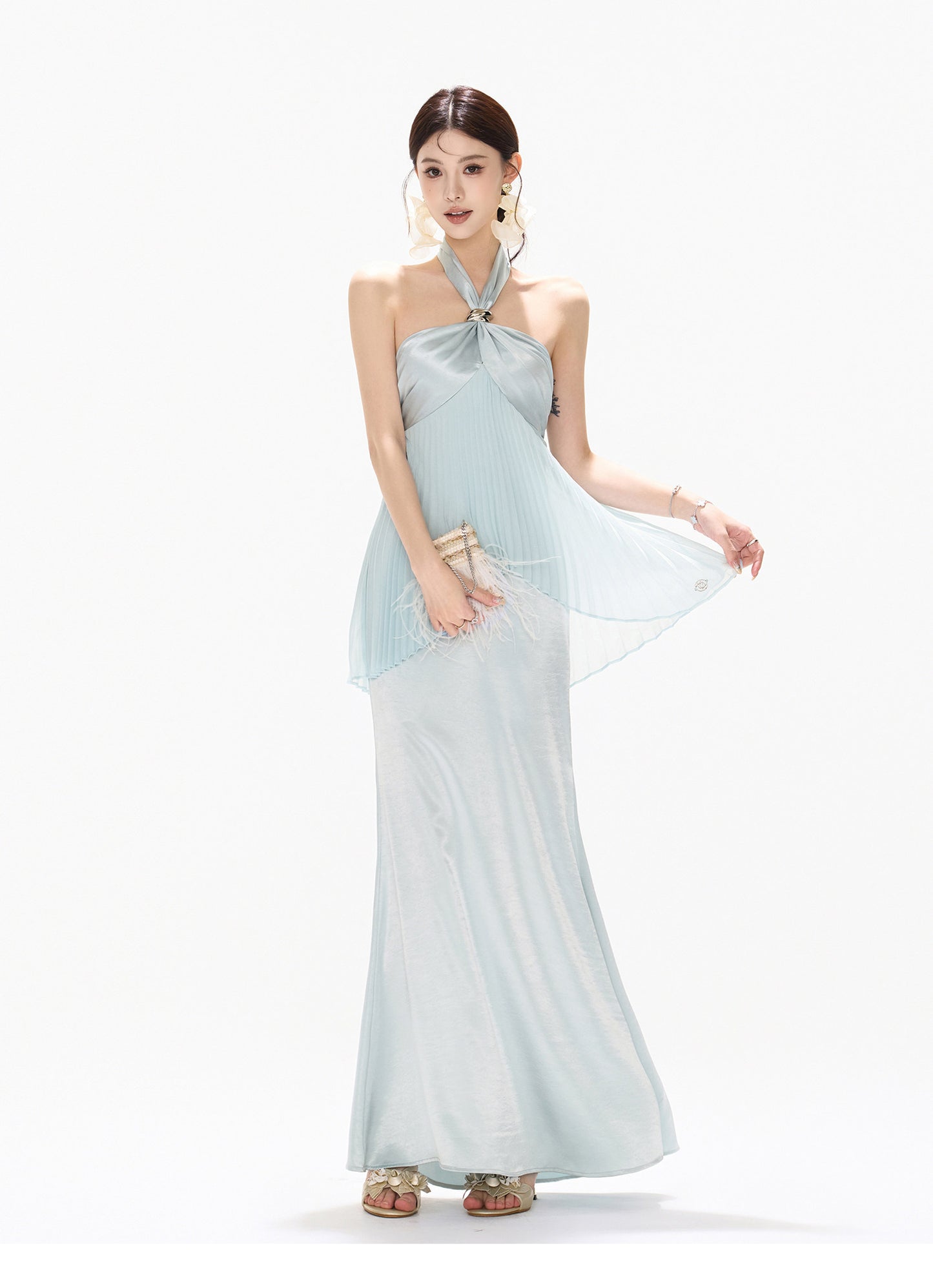 MIST BLUE PLEATED HALTER DRESS