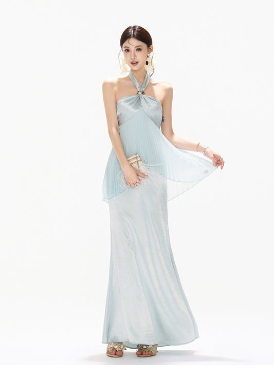MIST BLUE PLEATED HALTER DRESS