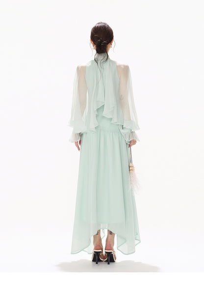 BOW HALTER ASYMMETRIC CHIFFON MAXI DRESS