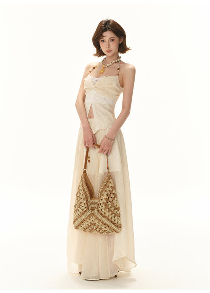 VACATION-STYLE BEADED HALTER TOP & FLOWY MAXI SKIRT SET