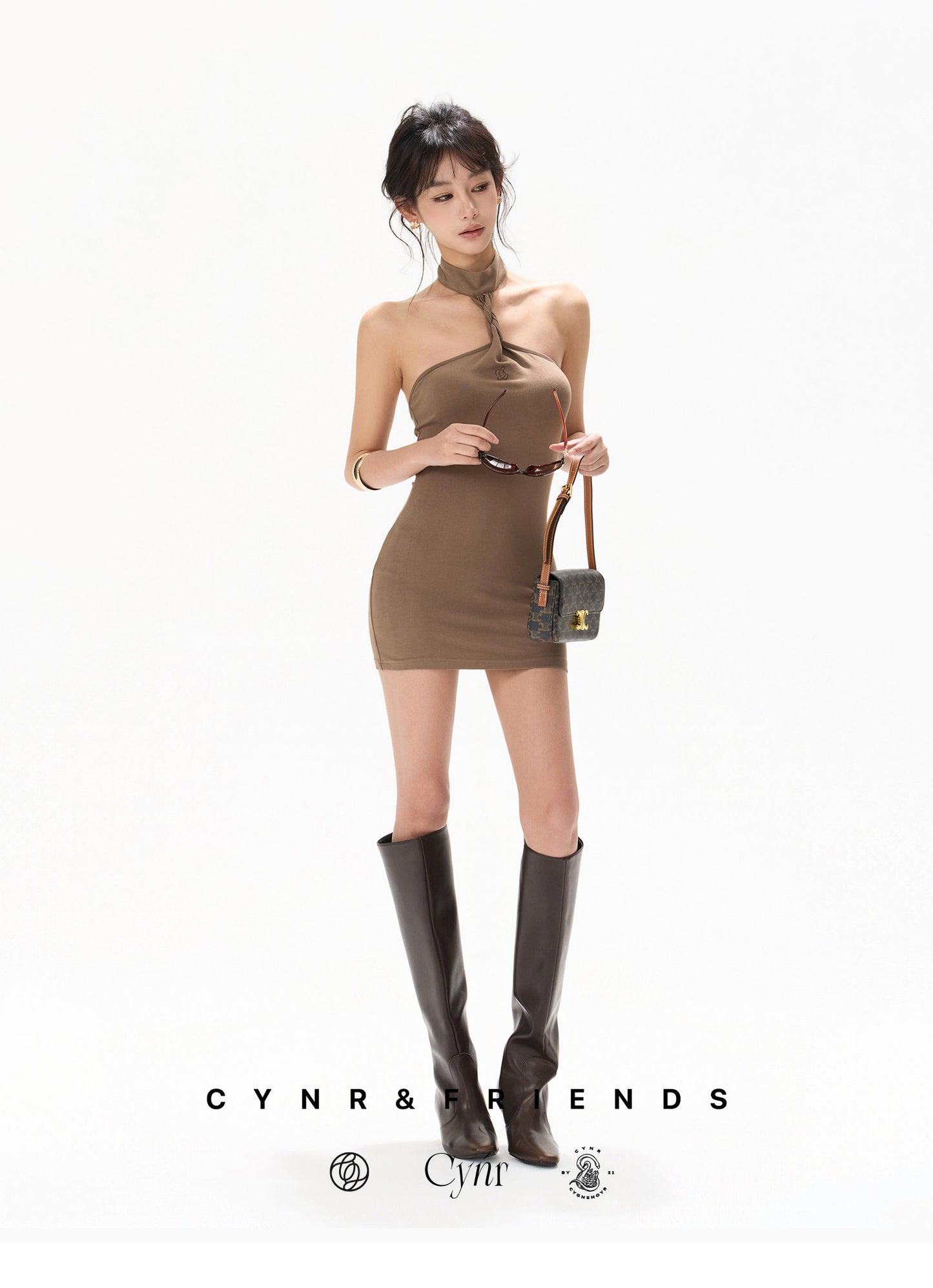 【日本在庫 】BROWN HALTER BODYCON DRESS