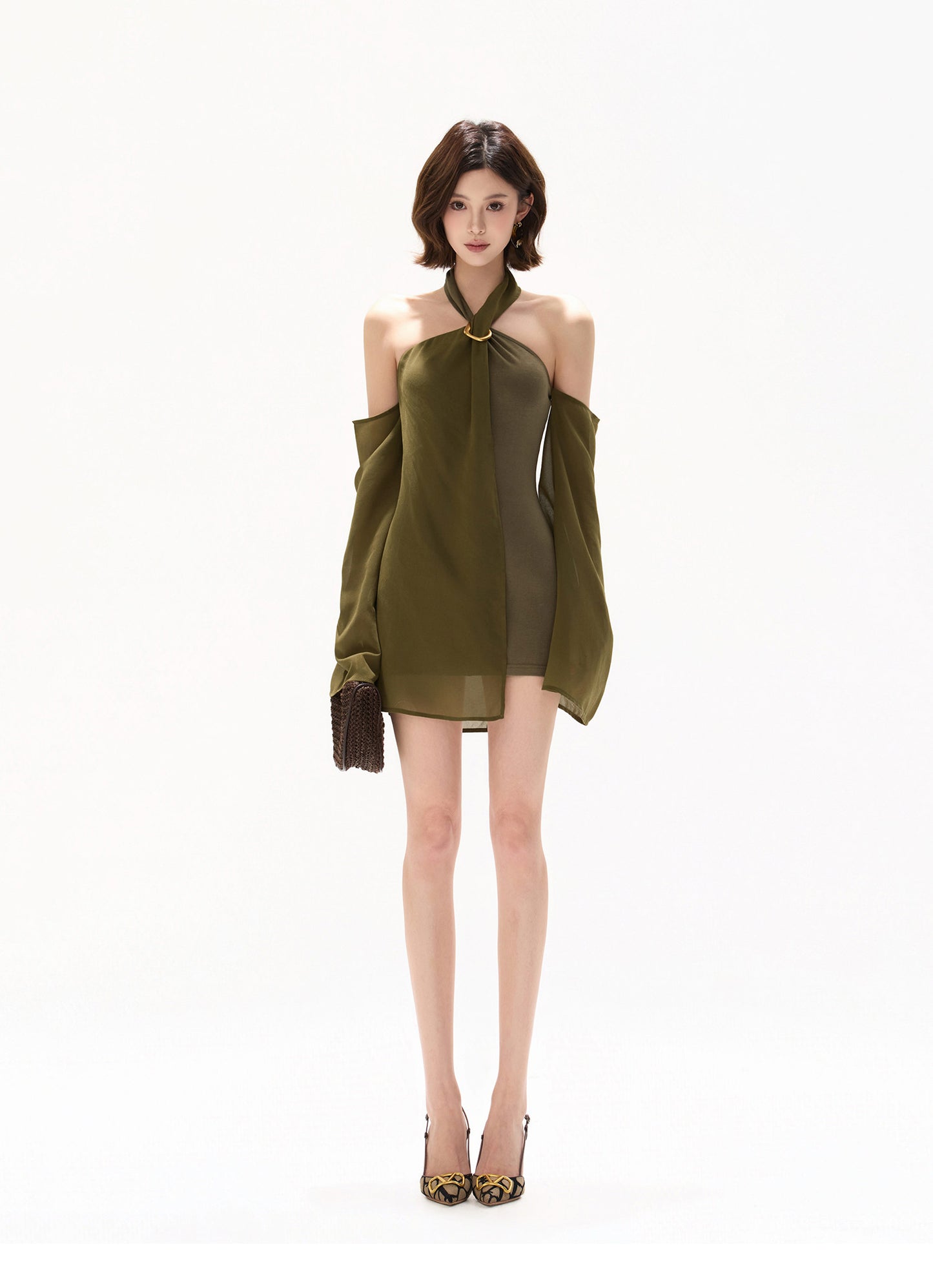 【日本在庫 】HALTER CHIFFON CUTOUT RESORT MINI DRESS