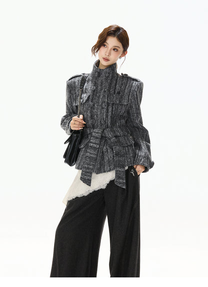 STRIPED TWEED WAISTED WOOL COAT