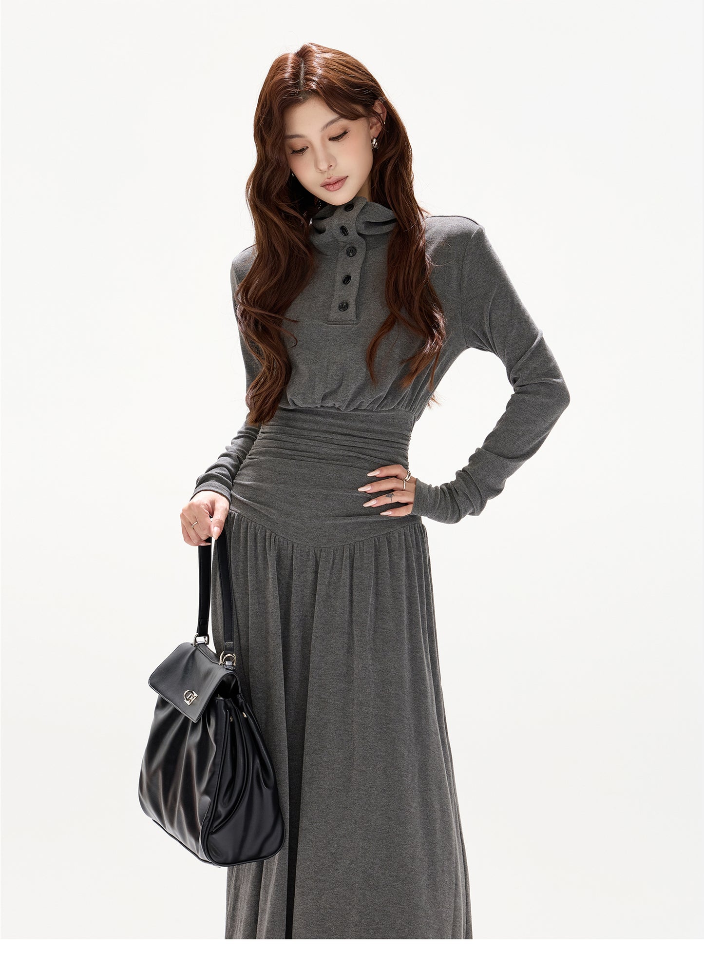 POLO COLLAR PLEATED WAIST A-LINE ONE-PIECE