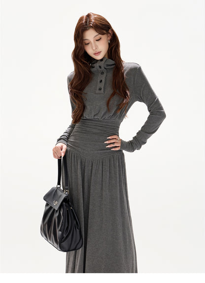 POLO COLLAR PLEATED WAIST A-LINE ONE-PIECE
