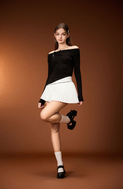 OFF SHOULDER L/S TEE & PLEATED MINI SKIRT