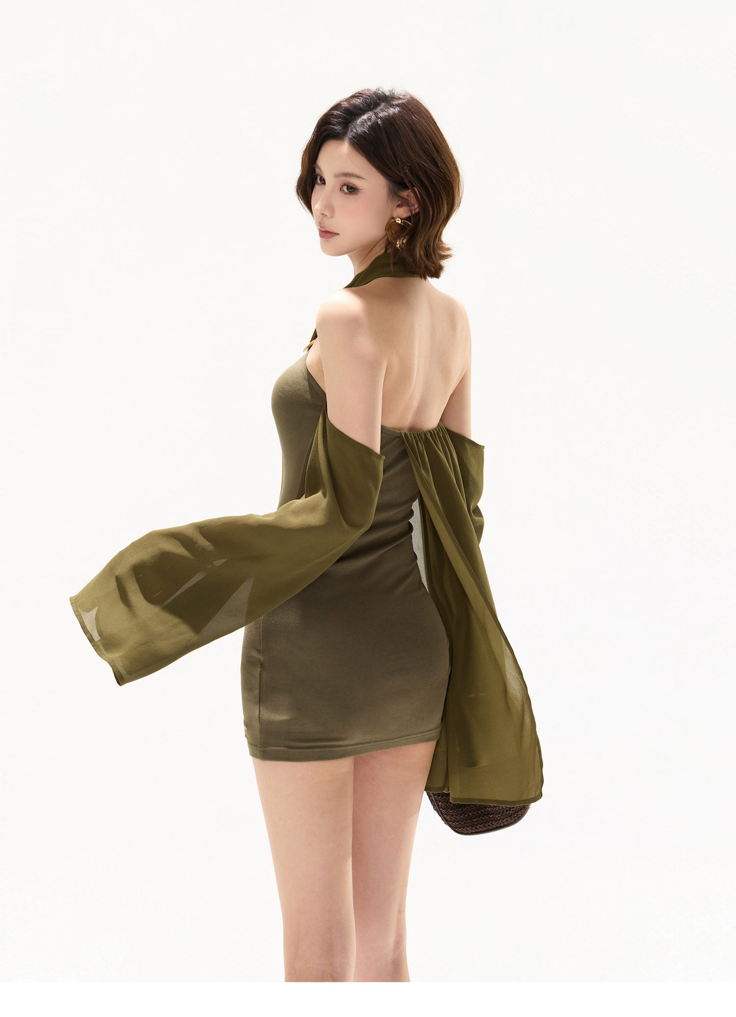 【日本在庫 】HALTER CHIFFON CUTOUT RESORT MINI DRESS