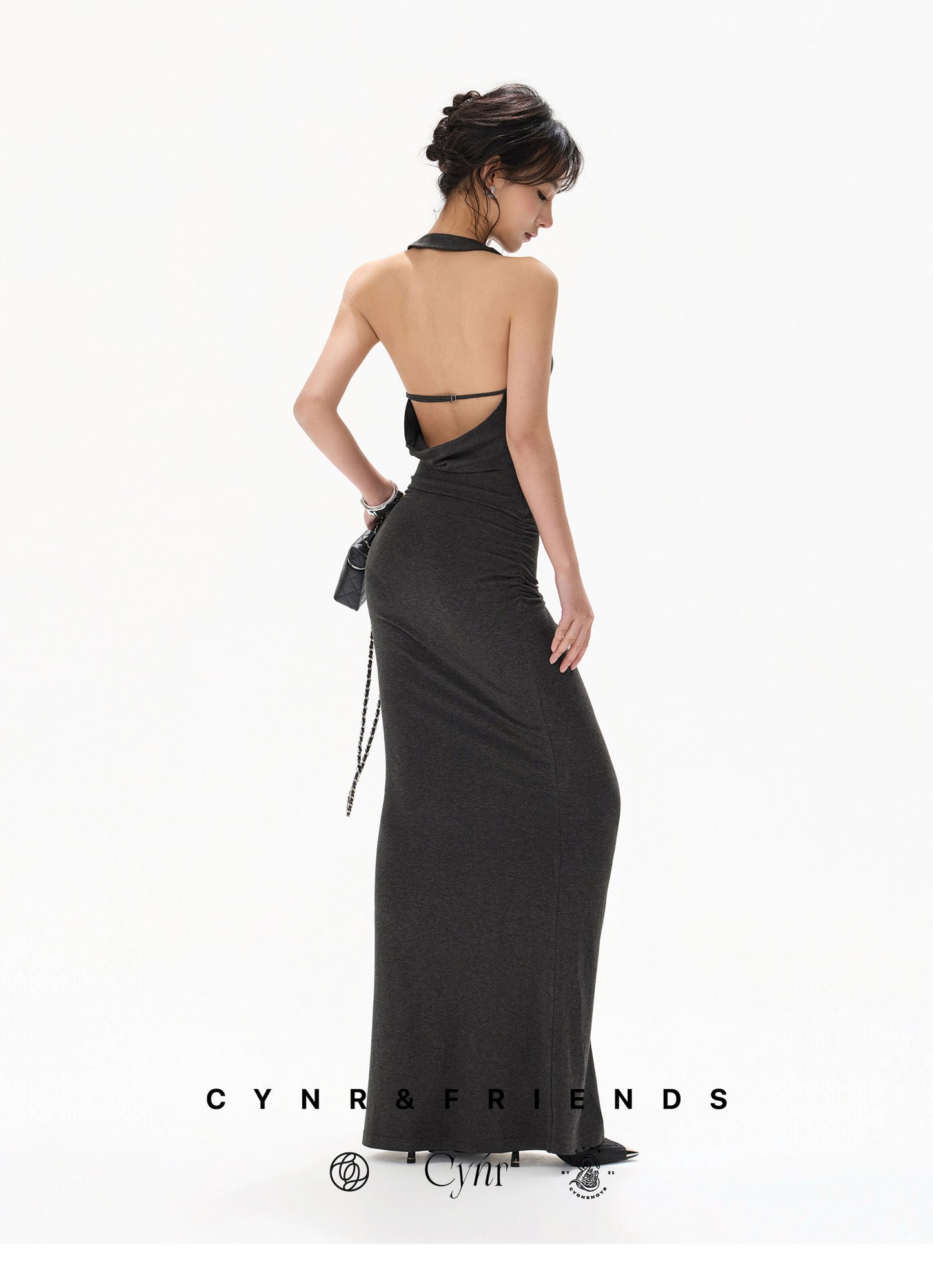 【日本在庫 】DARK GREY HALTER DRAPED KNIT DRESS