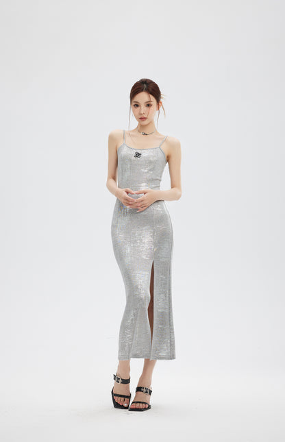 SILVER EMBROIDERY SPLIT DRESS