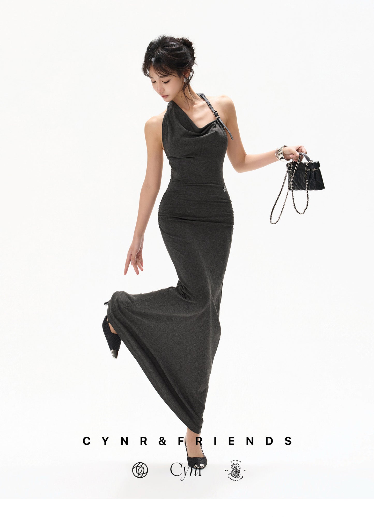 【日本在庫 】DARK GREY HALTER DRAPED KNIT DRESS
