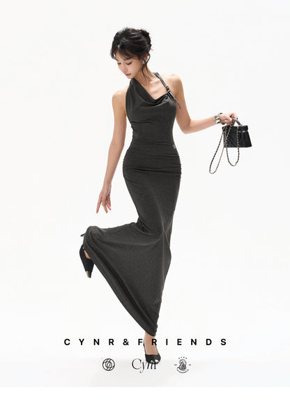 【日本在庫 】DARK GREY HALTER DRAPED KNIT DRESS