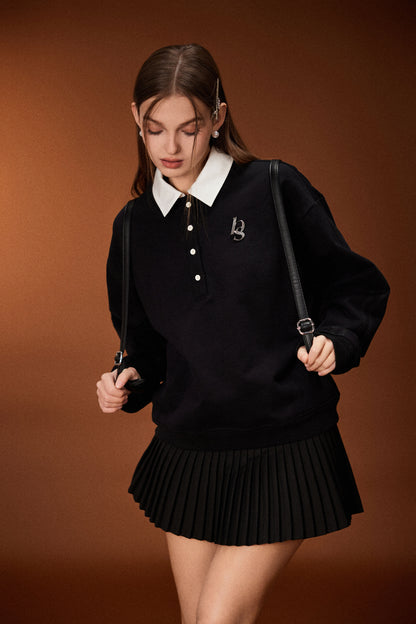 FAKE TWO PIECE POLO SWEATER & PLEATED MINI SKIRT