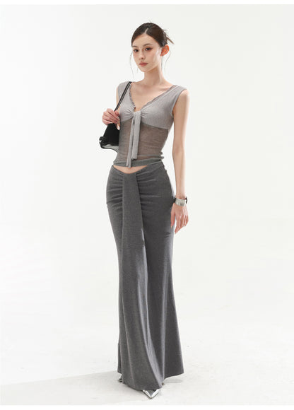 V-NECK SEXY RIBBED KNIT TANK TOP & LOW-RISE KNIT MERMAID BODYCON SKIRT