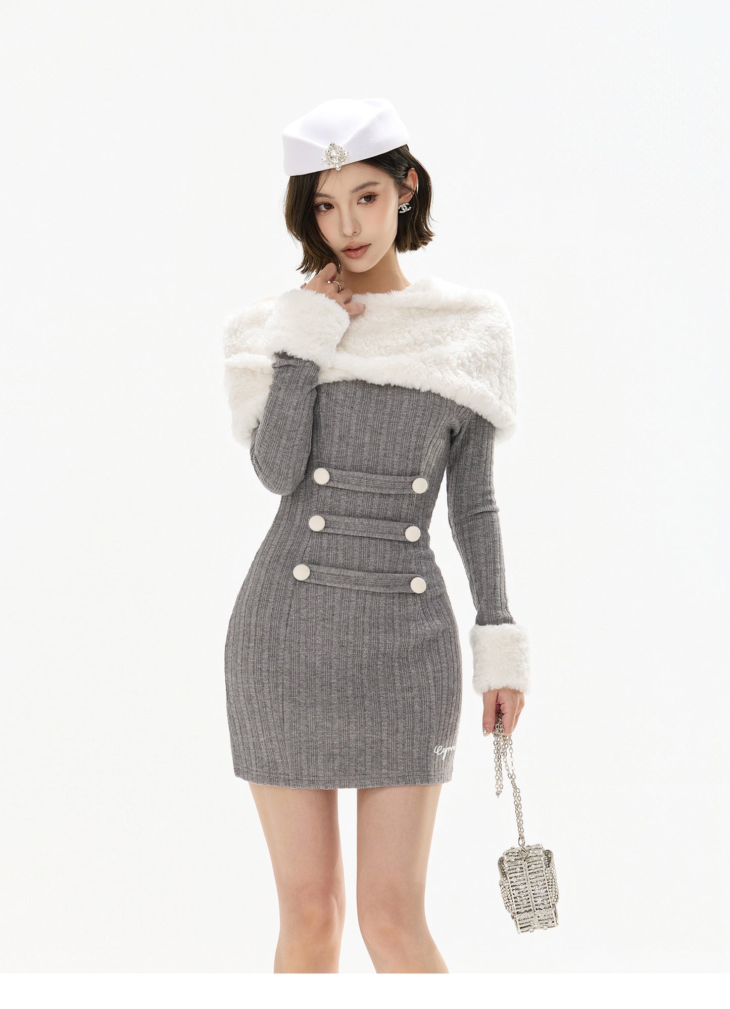 DETACHABLE FUR ONE-SHOULDER KNIT DRESS